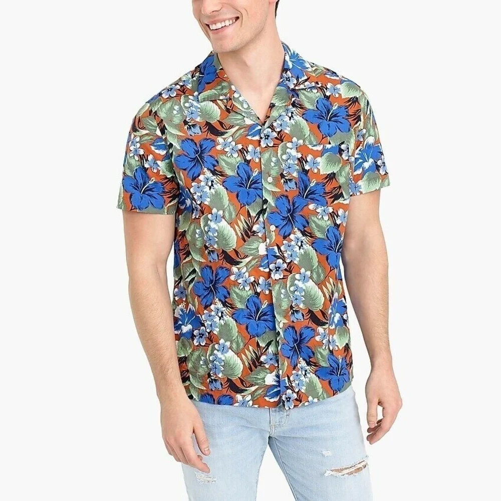 J. Crew Favtory Flex Short Sleeve Button Down Camp Collar Shirt Hawaiian Print M